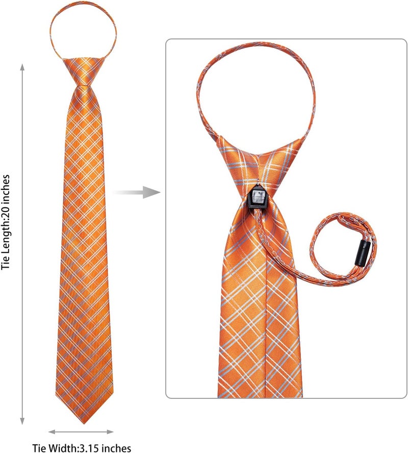 DiBanGu Silk Zipper Ties for Men,Paisley Solid Plaid Pre-tied Tie and Pocket Square Cufflinks Set Formal Adjustable Necktie - Image 4
